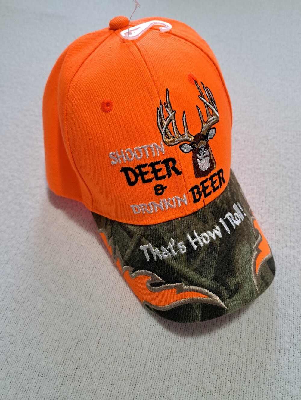NWOT Baseball Hat Orange Camo Shootin Deer & Drinkin Beer Cap Mens Unisex